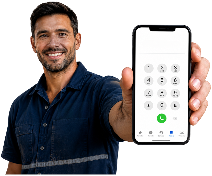 Horningsea Park Blocked Drains plumber holding a phone — call 1300 261 965