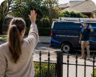 Customer waving goodbye to a Horningsea Park Blocked Drains plumber